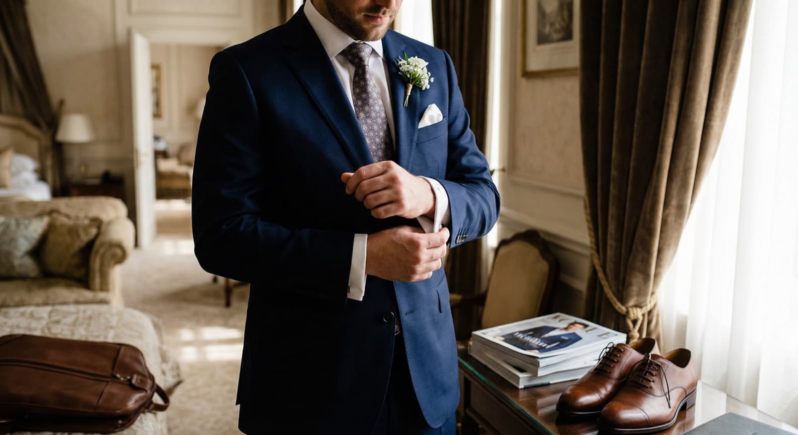 Eleganter Bräutigam im perfekt sitzenden dunkelblauen Hochzeitsanzug