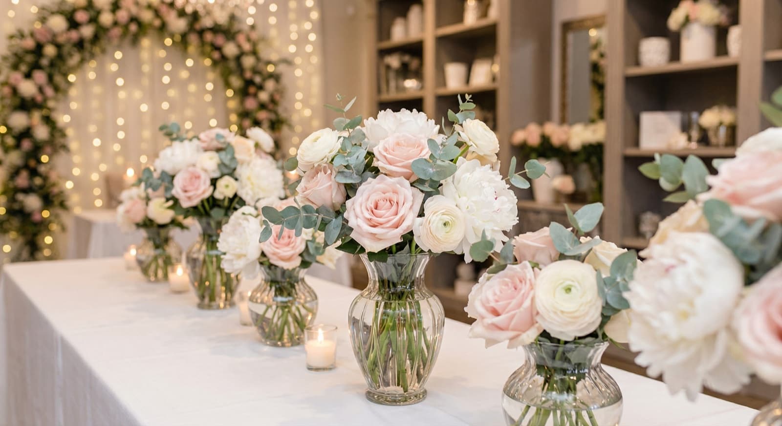 Eleganter Brautstrauß mit Rosen, Eukalyptus und Pampasgras