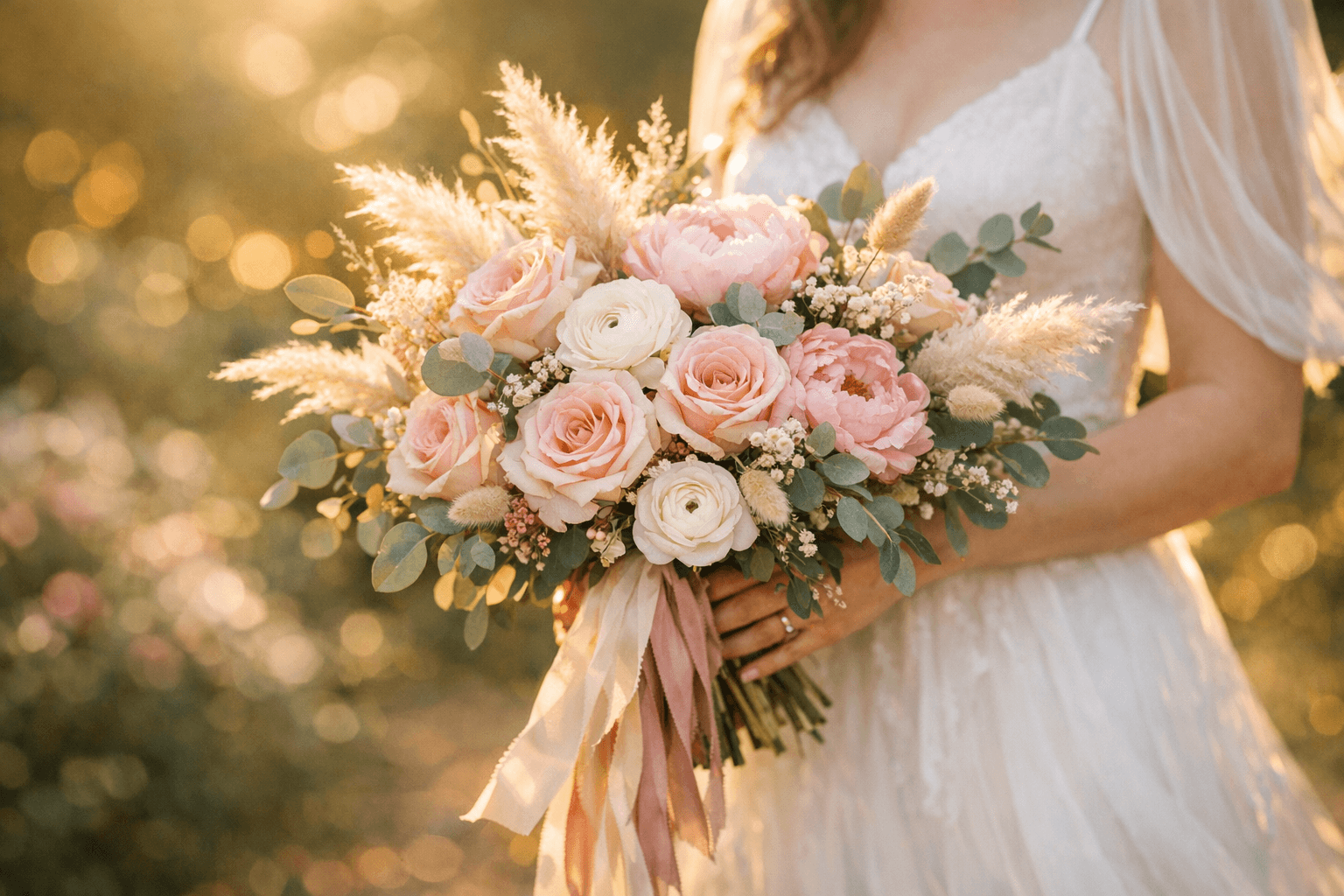 Brautstrauss Trends 2026 - romantischer Strauß mit Pfingstrosen, Ranunkeln und Eukalyptus