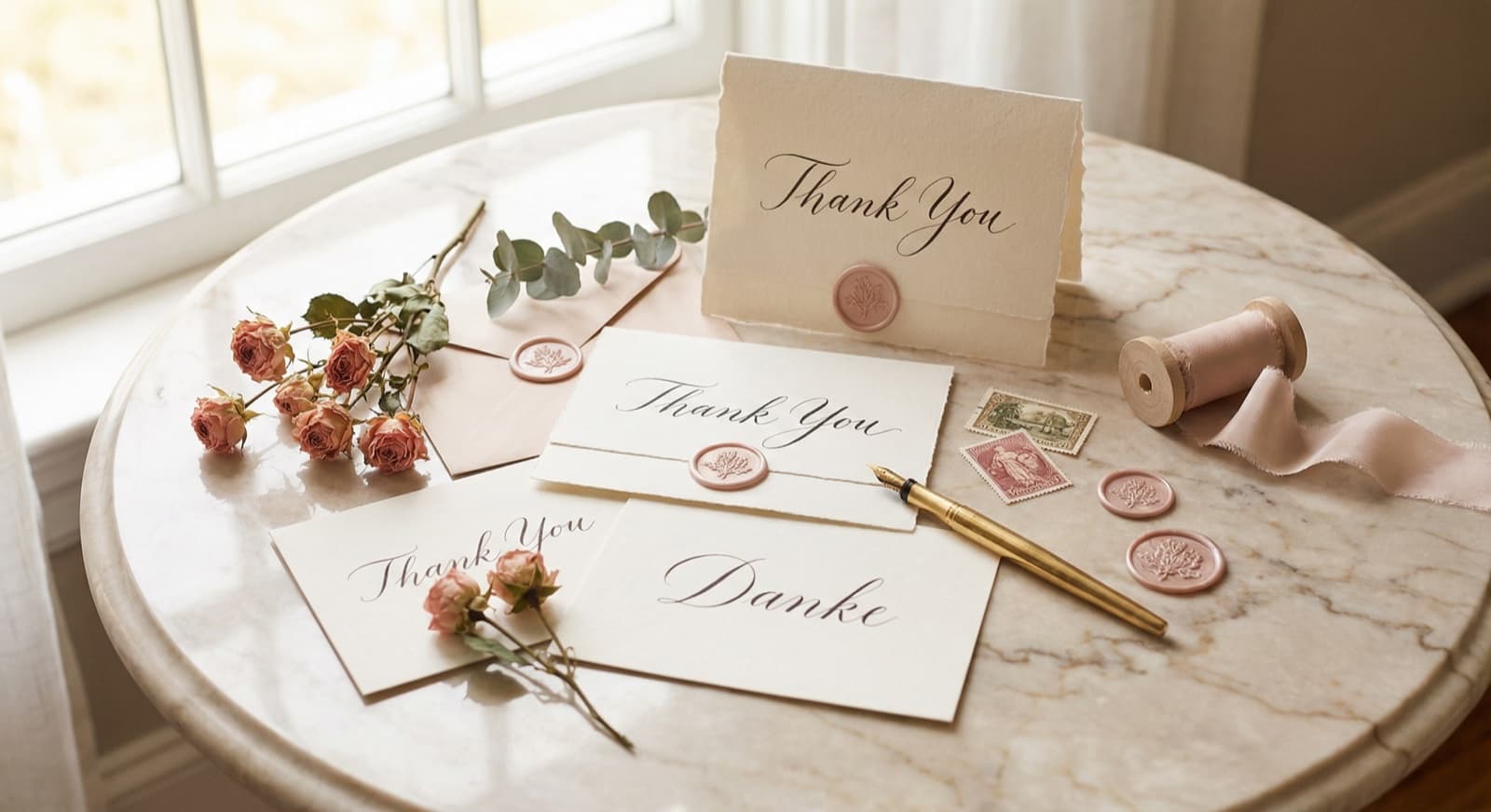 Elegante Dankeskarten mit Hochzeitsfoto und Blumendeko