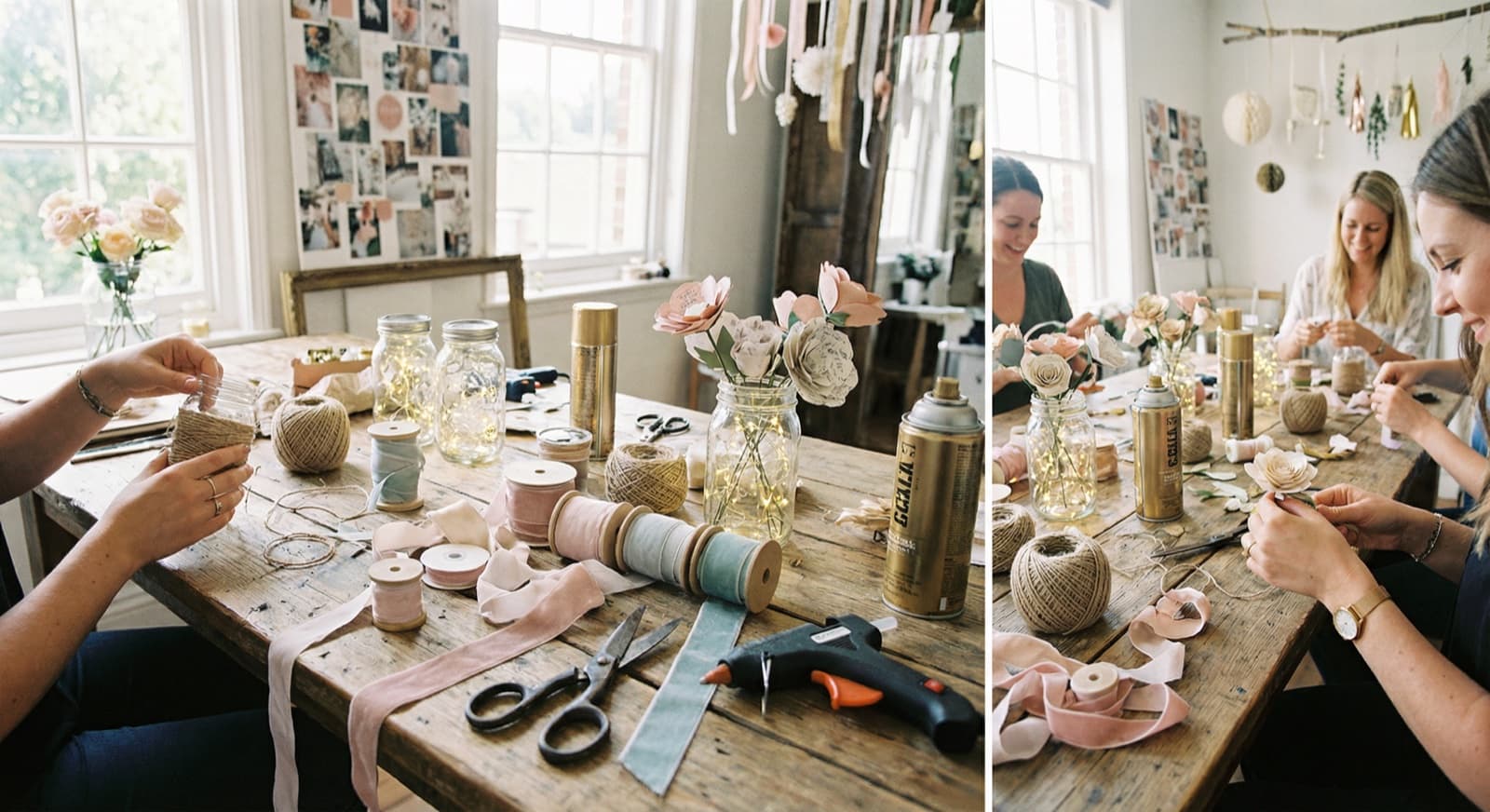DIY Hochzeitsdeko basteln mit Blumen, Gläsern und Bändern