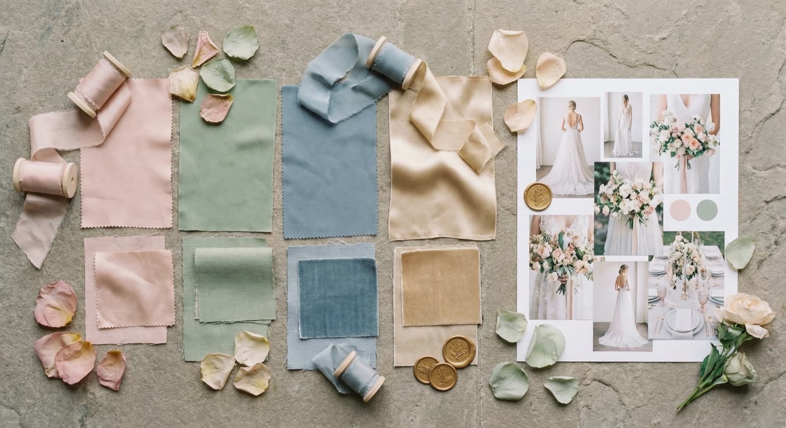 Hochzeitsfarbpalette mit Blumen, Stoffen und Farbmustern