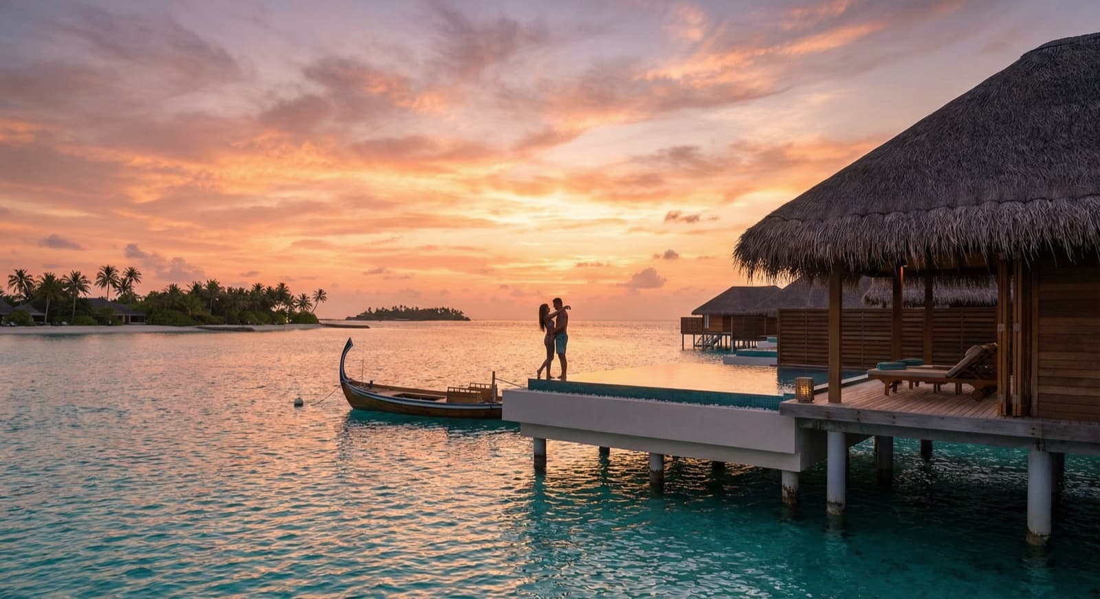 Romantisches Paar am Strand bei Sonnenuntergang in den Flitterwochen