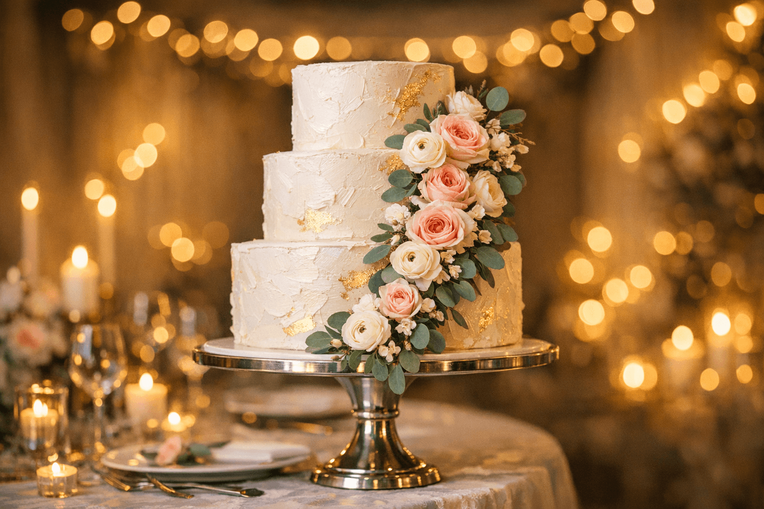 Elegante dreistöckige Hochzeitstorte mit frischen Blumen und Buttercreme
