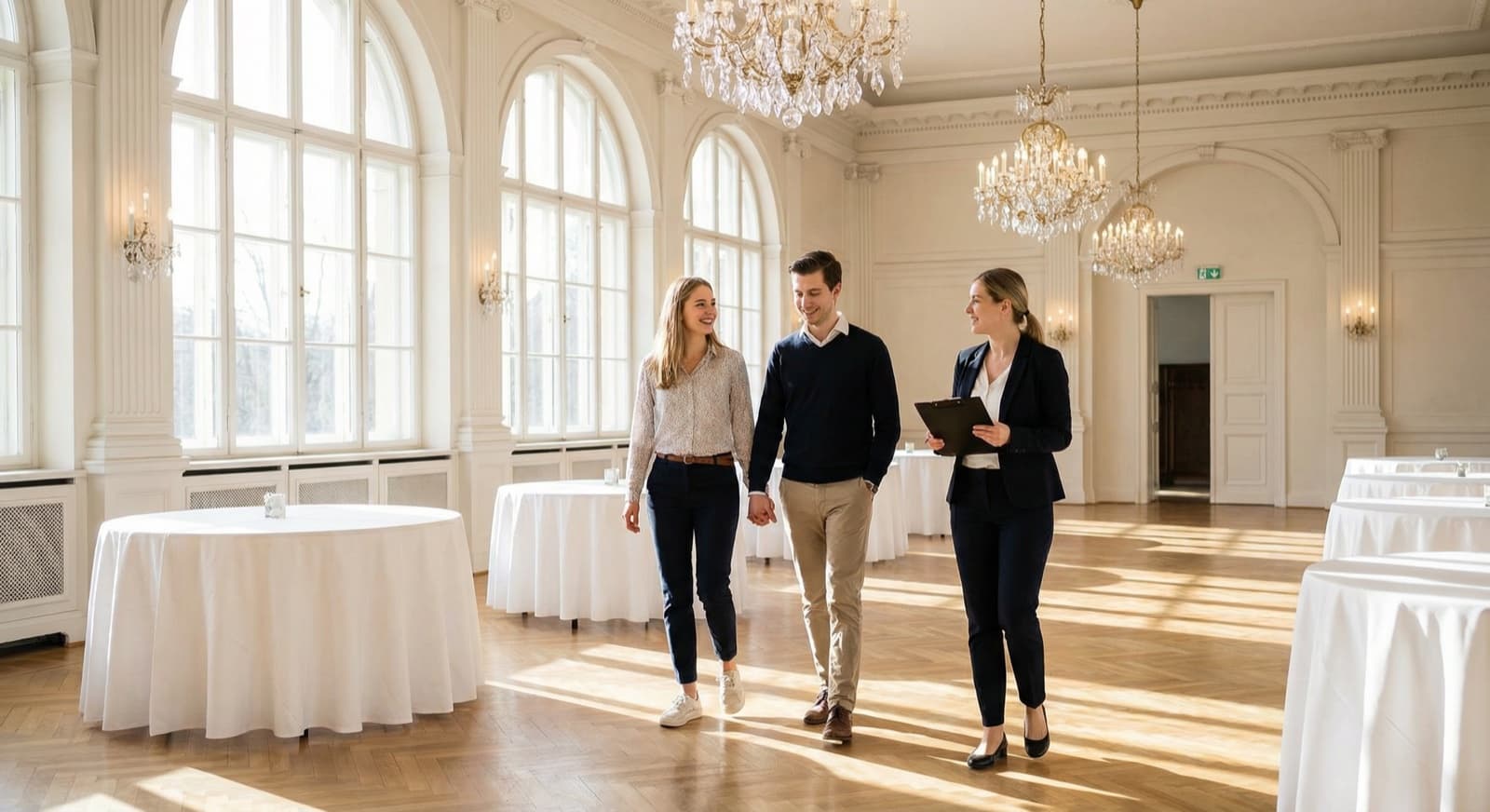 Brautpaar besichtigt elegante Hochzeitslocation mit Eventmanager