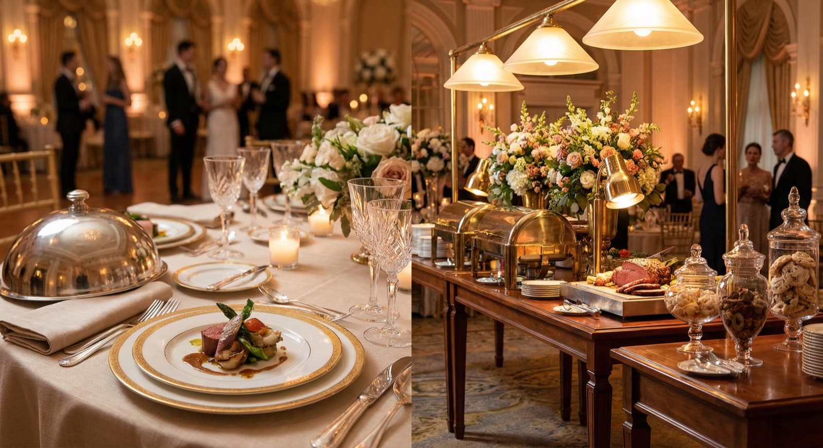 Elegant gedeckter Hochzeitstisch mit Menükarte und Blumendeko