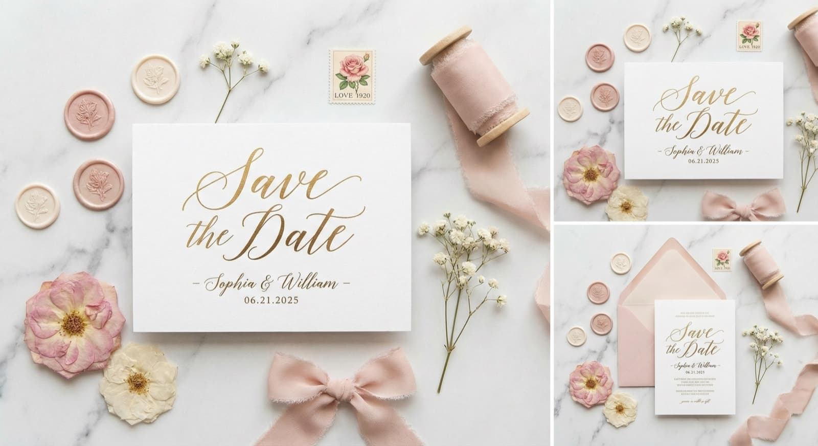 Elegante Save the Date Karten mit Blumendekoration auf Holztisch