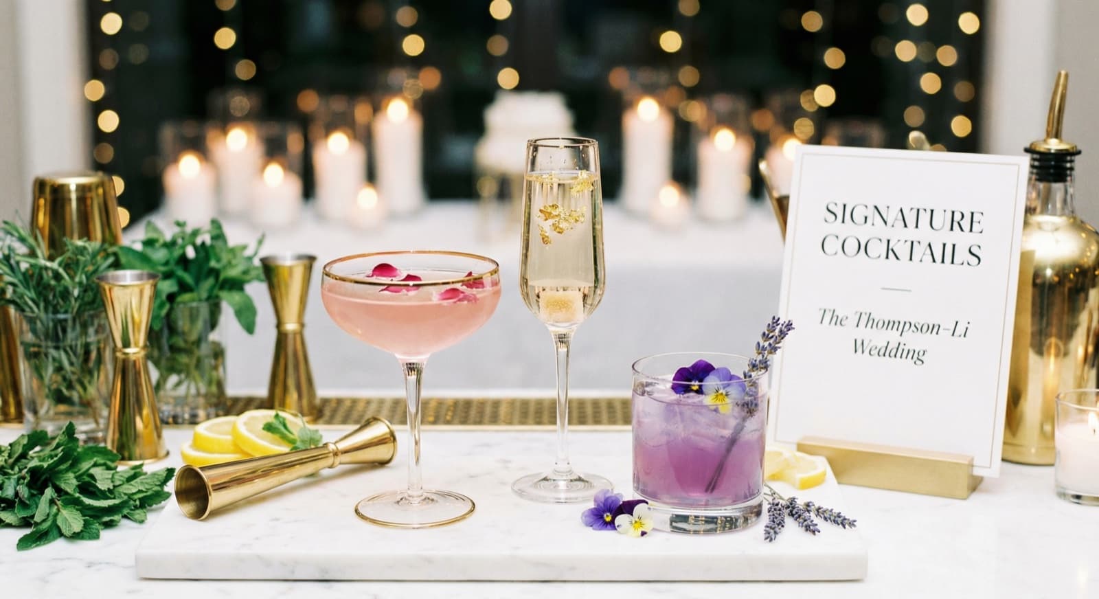 Eleganter Signature Cocktail mit essbaren Blüten und Rosmarin