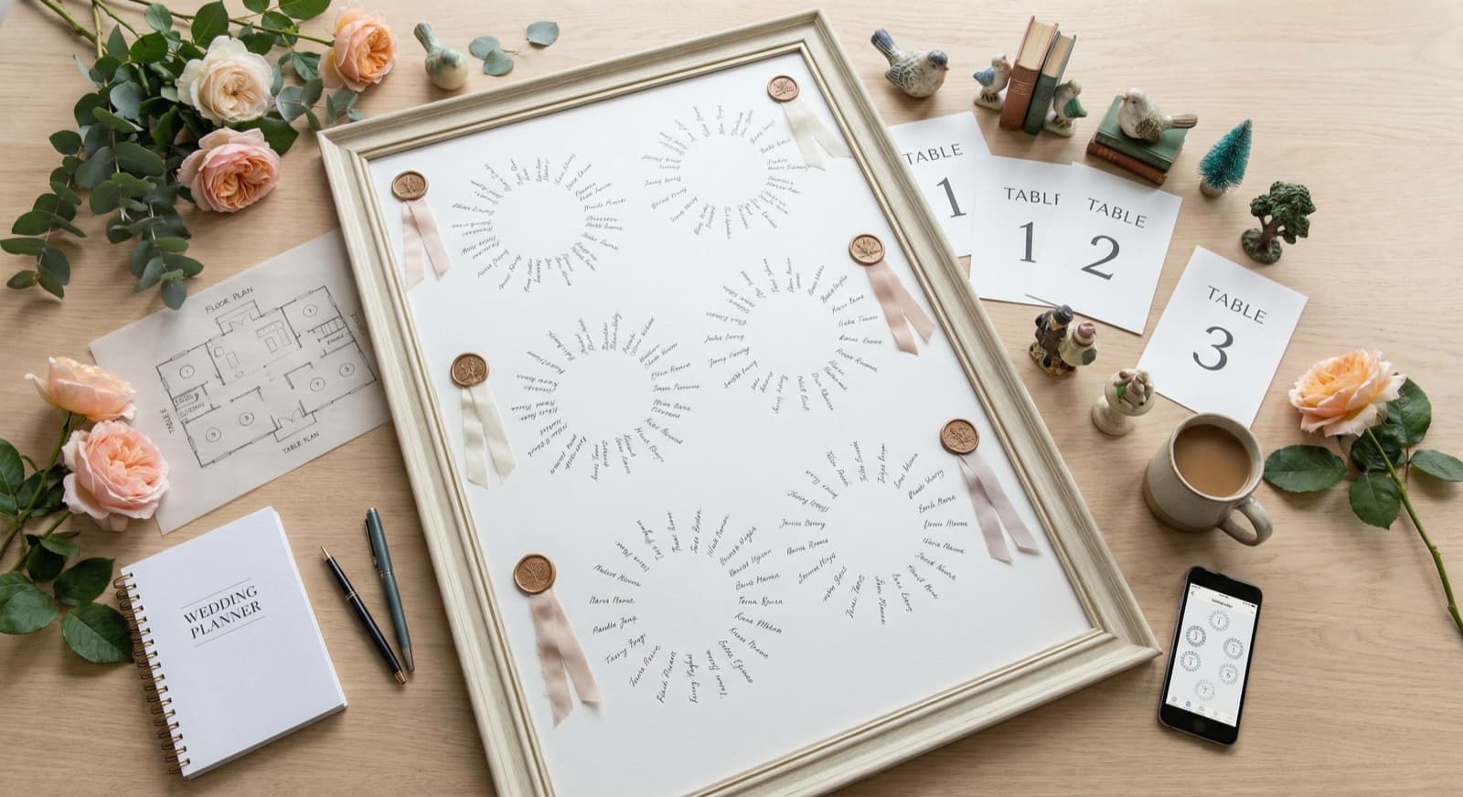 Eleganter Hochzeits-Sitzplan auf Staffelei mit Blumendeko