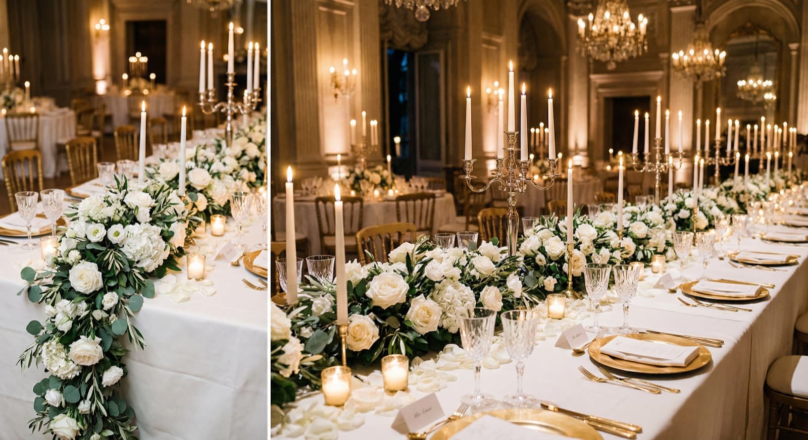 Elegant dekorierter Hochzeitstisch mit Blumenarrangement und Kerzen