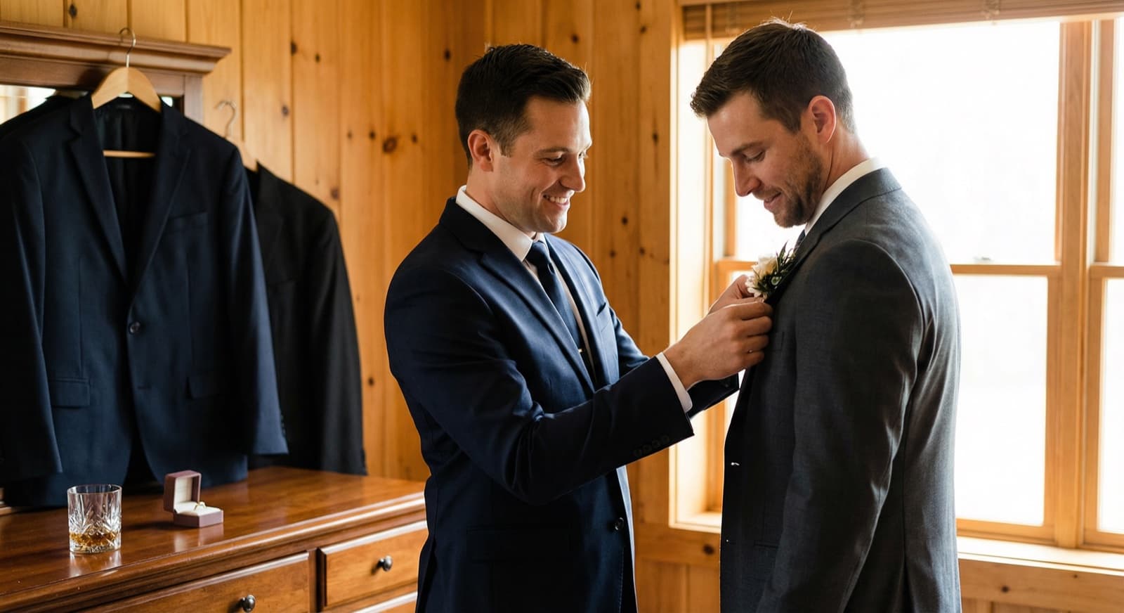 Trauzeuge hilft Bräutigam beim Anziehen der Fliege