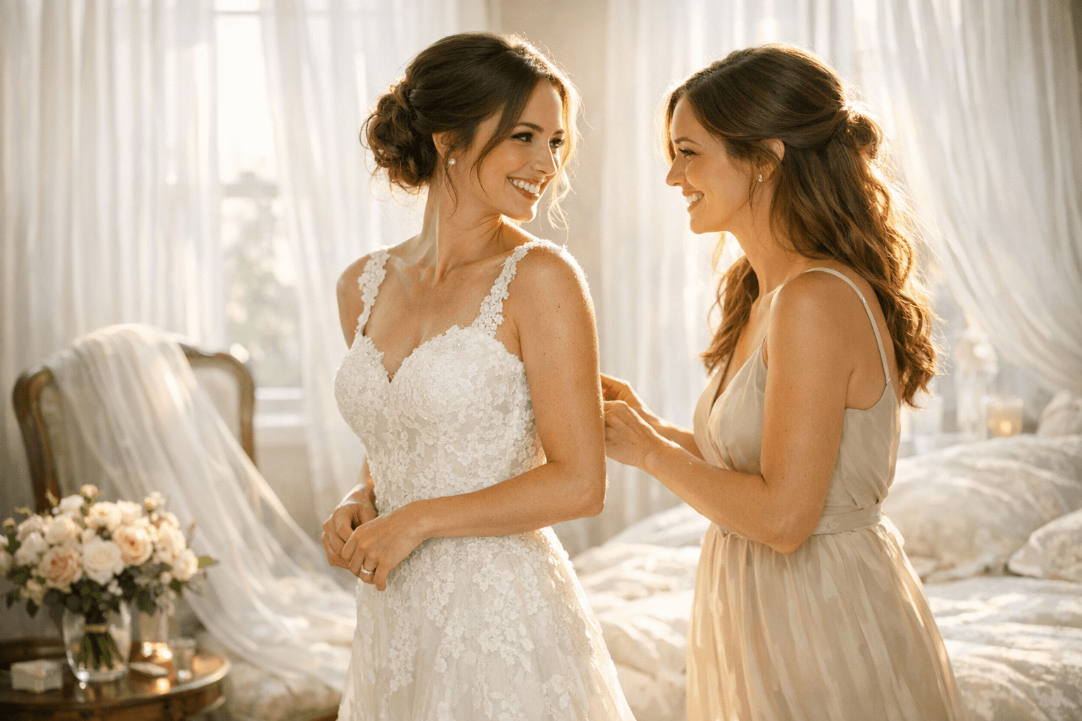 Trauzeugin hilft der Braut beim Getting Ready - Maid of Honor Aufgaben