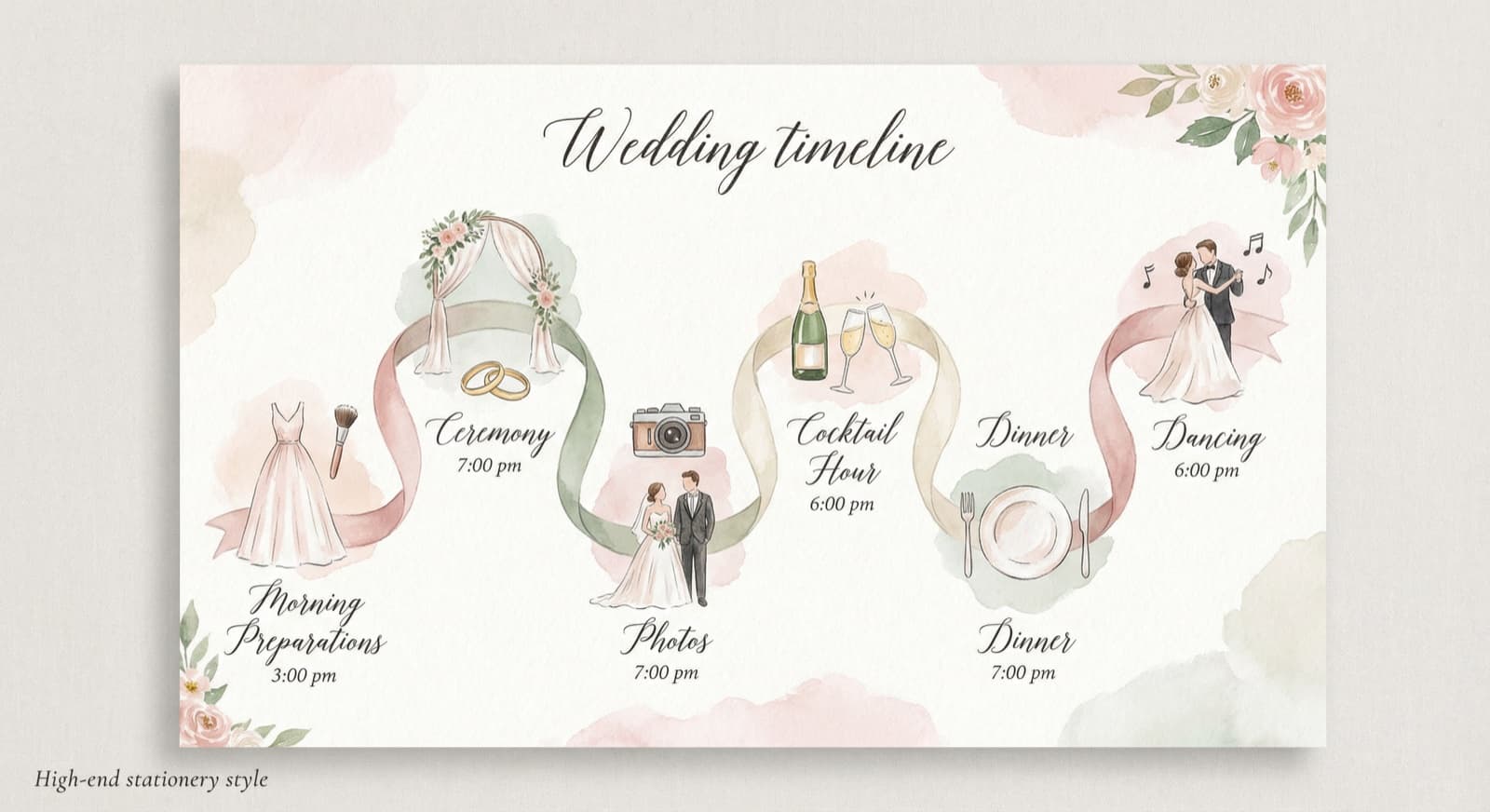 Hochzeitstag Ablaufplan mit Uhrzeiten und Timeline